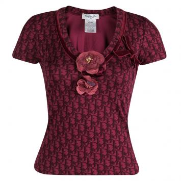 Pre Owned Dior Boutique Red Printed Jersey Floral Brooch Detail V-Neck T-Shirt S