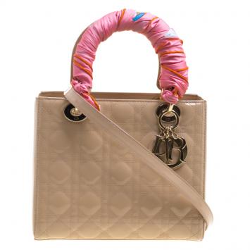 Pre Owned Dior Beige Patent Leather Medium Lady Dior Tote