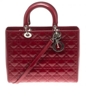 Pre Owned Dior Red Patent Leather Large Lady Dior Tote