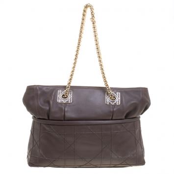 Pre Owned Dior Dark Taupe Cannage Leather Granville Chain Link Tote