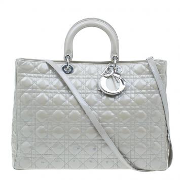 Pre Owned Dior Grey Patent Leather Extra Large Lady Dior Tote