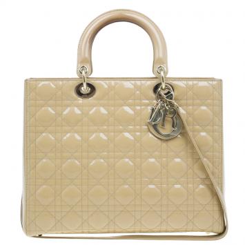 Pre Owned Dior Beige Patent Leather Large Lady Dior Tote