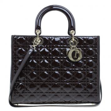 Pre Owned Dior Brown Patent Leather Large Lady Dior Tote