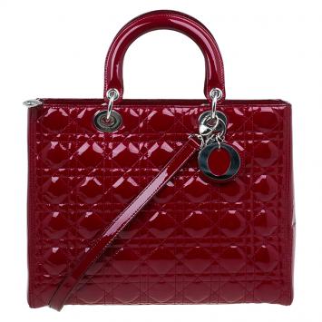 Pre Owned Dior Red Patent Leather Large Lady Dior Tote Bag