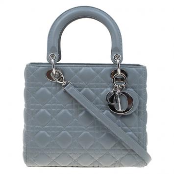 Pre Owned Dior Grey Leather Medium Lady Dior Tote