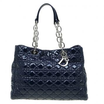Pre Owned Dior Navy Blue Cannage Quilted Soft Patent Leather Large Shopping Tote