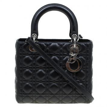 Pre Owned Dior Black Leather Medium Lady Dior Tote