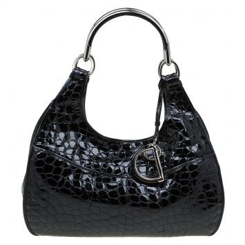 Pre Owned Dior Black Croc Embossed Patent Leather 61 Tote