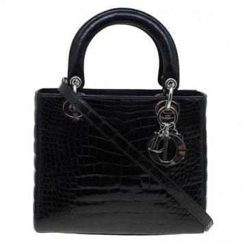 Pre Owned Dior Black Alligator Leather Medium Limited Edition Lady Dior Tote
