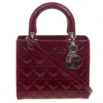 Pre Owned Dior Burgundy Patent Leather Medium Lady Dior Tote