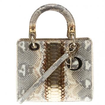 Pre Owned Dior Beige/Gold Python Medium Lady Dior Tote