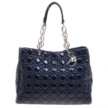 Pre Owned Dior Navy Blue Cannage Quilted Soft Patent Leather Large Shopping Tote
