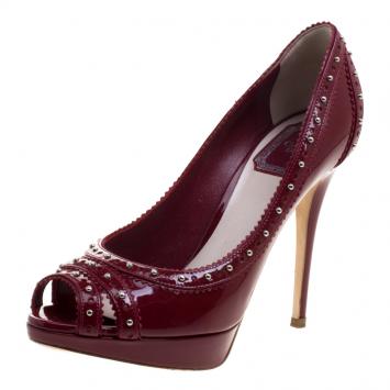 Pre Owned Dior Cherry Red Studded Patent Leather Bonnie Peep Toe Platform Pumps Size 38.5