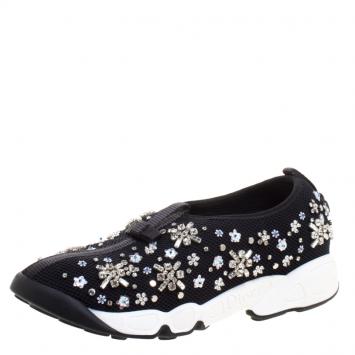 Pre Owned Dior Black Crystal Embellished Mesh Fusion Sneakers Size 37.5