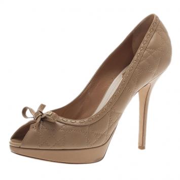 Pre Owned Dior Beige Cannage Leather Peep Toe Bow Pumps Size 40