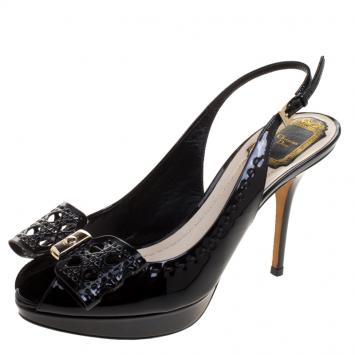 Pre Owned Dior Black Patent Cannage Bow Detail 'Butterfly' Slingback Sandals Size 38