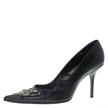 Pre Owned Dior Black Leather Dior Plaque Pointed Toe Pumps Size 38.5