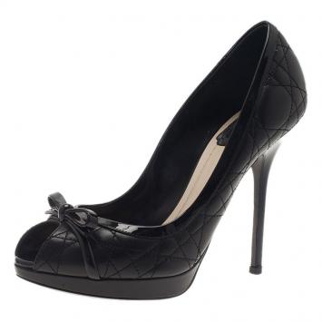 Pre Owned Dior Black Leather Cannage Bow Peep Toe Pumps Size 38