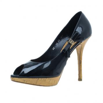 Pre Owned Dior Black Patent Starlet Peep Toe Pumps Size 36.5