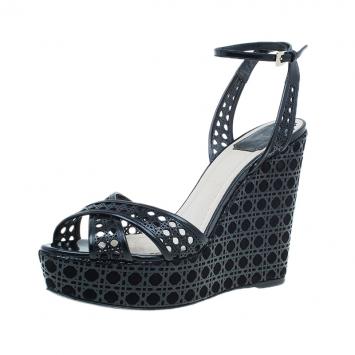Pre Owned Dior Black Leather Cannage Cutout Ankle Strap Wedges Size 40
