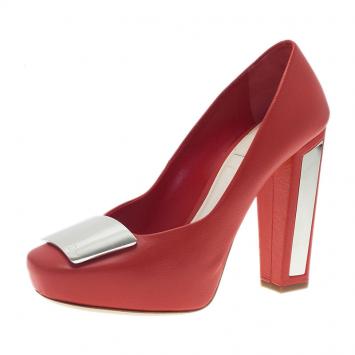 Pre Owned Dior Red Leather Metal Plate Block Heel Pumps Size 38