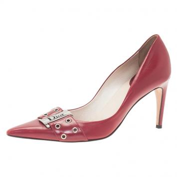 Pre Owned Dior Red Leather Buckle Detail Pointed Toe Pumps Size 37.5