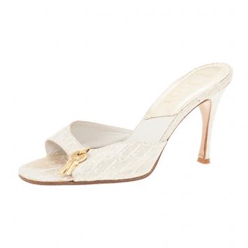 Pre Owned Dior Gold Monogram Leather and Canvas Key Detail Slides Size 38
