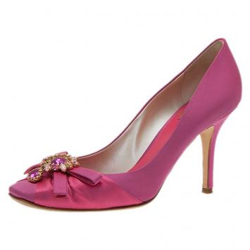 Pre Owned Dior Pink Satin Stone Embellished Bow Detail Peep Toe Pumps Size 39