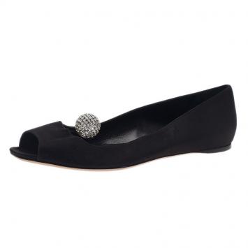 Pre Owned Dior Black Satin Embellished Ballet Flats Size 38.5