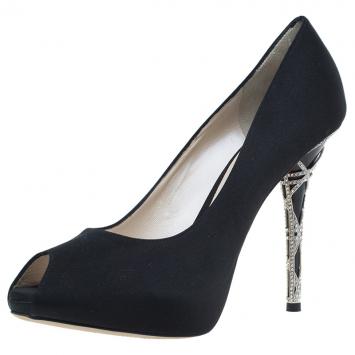 Pre Owned Dior Black Satin Crystal Heel Peep Toe Platform Pumps Size 40