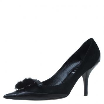 Pre Owned Dior Black Leather and Suede Pom Pom Detail Pointed Toe Pumps Size 36