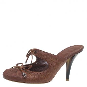 Pre Owned Dior Brown Leather Cutout Bow Detail Mules Size 36