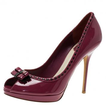 Pre Owned Dior Burgundy Patent Leather Bow Peep Toe Platform Pump Size 39
