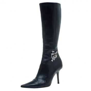 Pre Owned Dior Black Leather "I Love" Knee Boots Size 37