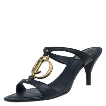Pre Owned Dior Black Leather 'CD' Logo Sandals Size 37.5