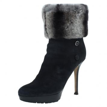 Pre Owned Dior Black Nubuck and Fur Ankle Boots Size 38.5