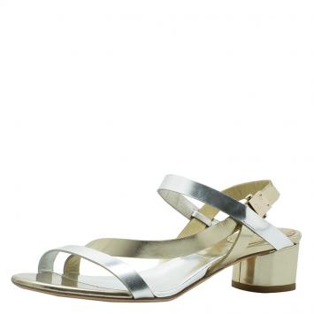 Pre Owned Dior Gold and Silver Metallic Leather Block Heel Sandals Size 37.5