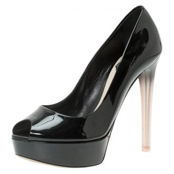 Pre Owned Dior Black Patent Miss Dior Peep Toe Platform Pumps Size 37.5