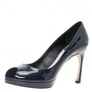 Pre Owned Dior Blue Patent Flared Peep Toe Platform Pumps Size 37.5