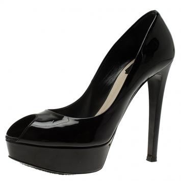 Pre Owned Dior Black Patent Peep Toe Platform Pumps Size 38.5