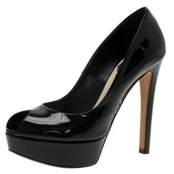 Pre Owned Dior Black Patent Miss Dior Peep Toe Platform Pumps Size 36