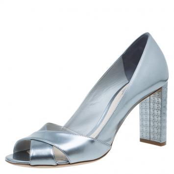 Pre Owned Dior Silver Metallic Leather Cannage Heel Criss Cross Pumps Size 39