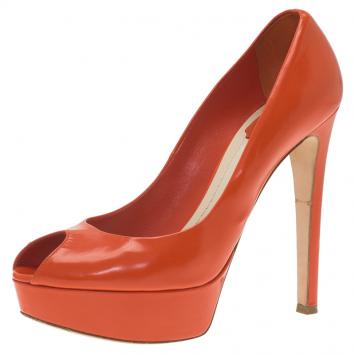 Pre Owned Dior Orange Leather Miss Dior Peep Toe Platform Pumps Size 38