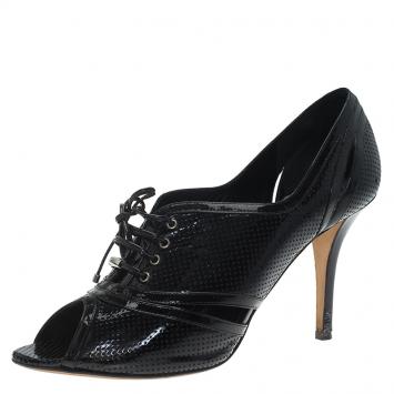 Pre Owned Dior Black Patent Perforated Leather Lace Up Open Toe Pumps Size 39.5