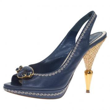 Pre Owned Dior Blue Leather Embellished Slingback Sandals Size 38.5