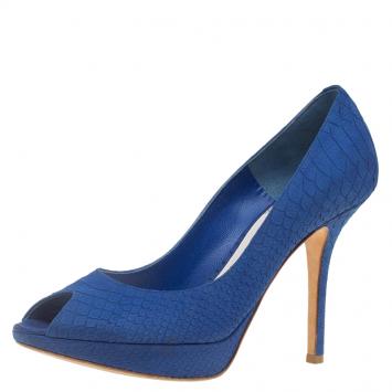 Pre Owned Dior Blue Python Embossed Miss Dior Peep Toe Pumps Size 37