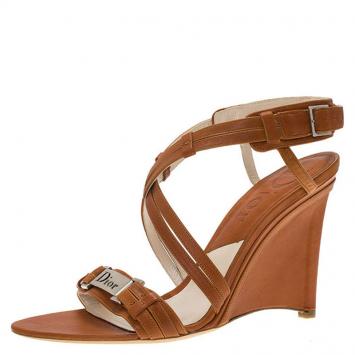 Pre Owned Dior Brown Leather Logo Strappy Slingback Wedge Sandals Size 39
