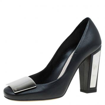 Pre Owned Dior Black Leather Metal Plate Block Heel Pumps Size 36.5