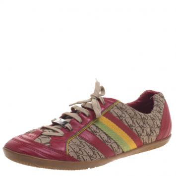 Pre Owned Dior Beige and Red Diorissimo Canvas Lace Up Sneakers Size 41