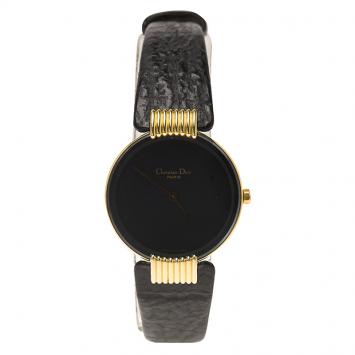 Pre Owned Dior Black Moon de Christian Dior Gold-Plated Stainless Steel Leather Women's Wristwatch 25MM
